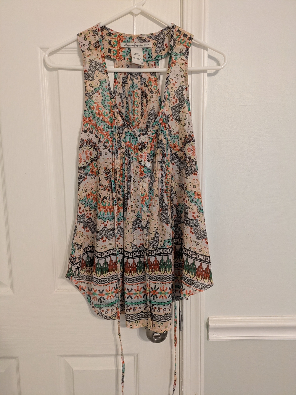 American Rag Cream Boho Tank Top with Green and Orange Print